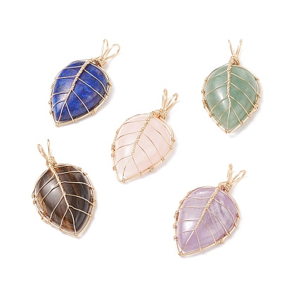 Natural Mixed Stone Pendants, with Golden Tone Copper Wire Wrapped, Teardrop Charm