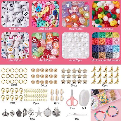 DIY Bracelet Necklace Making Kit, Including Polymer Clay & Acrylic & Natural Shell & Plastic Beds, Alloy Pendants, Flower & Imitation Pearl & Leaf & Crown & Heart, Scissors