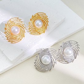 Alloy Vortex Stud Earrings with Natural Pearl