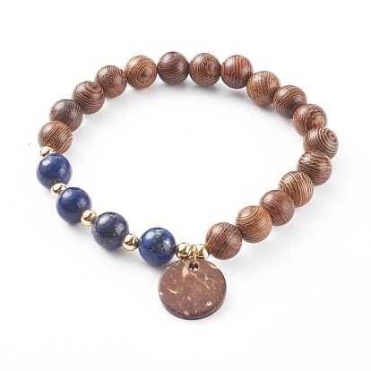 Wood Bead & Stone Bracelet, Mixed Gemstone, with Wood Jewelry Findings Flat Round Coconut Pendants,