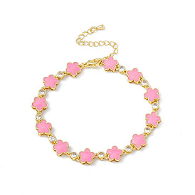 Bracelets en laiton micro pavé de zircone cubique, Bracelet chaîne à maillons fleur rose style émail pour femme, avec rallonge de chaîne et fermoir mousqueton