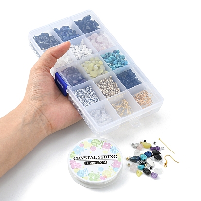 DIY Gemstone Earring Bracelet Making Kit, Including Natural & Synthetic Mixed Stone Chips & Glass Seed Beads, Iron Earring Hooks, Elastic Thread