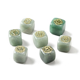 7Pcs 7 Styles Natural Green Aventurine Beads, with Long-Lasting Plated Golden Tone Brass Chakra Pattern Slices, Lead Free & Cadmium Free, No Hole, Cube