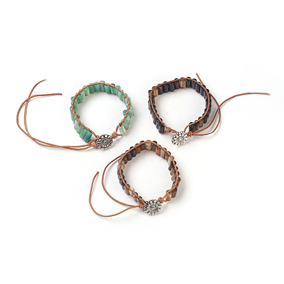 Natural Gemstone Cord Beaded Bracelets, with Leather Cord and Alloy Clasps, Flower, Antique Silver