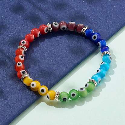 Rainbow Round Evil Eye Lampwork Stretch Beaded Bracelets for Kids, with Alloy Spacer Beads, Antique Silver