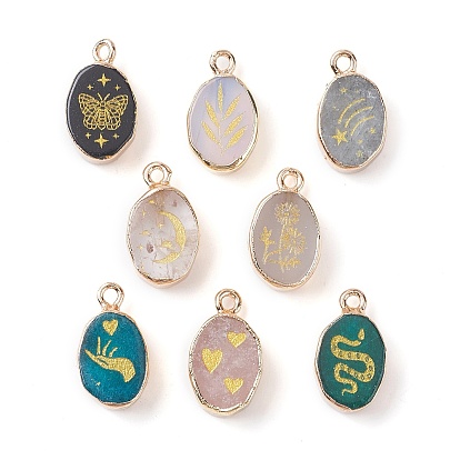 Gemstone Pendants, Golden Plated Brass Rock Crystal Oval Charms with Heart/Butterfly/Hand/Star/Leaf/Moon/Snake