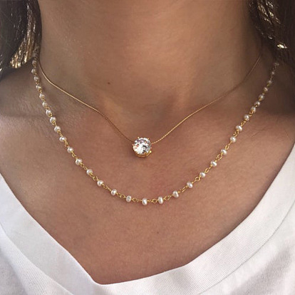 Fashionable Layered Chain Necklace with 6-Claw Zirconia and Pearl Beads - Versatile