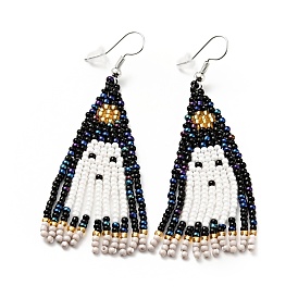 Glass Seed Braided Ghost Chandelier Earrings, Chain Tassel Alloy Halloween Earrings for Women