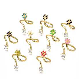 Brass Micro Pave Cubic Zirconia Cuff Rings, Open Rings, with Enamel, Cadmium Free & Nickel Free & Lead Free, Real 16K Gold Plated, Flower
