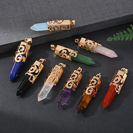Natural Gemstone Pointed Hexagonal Big Pendants, Golden Plated Alloy Faceted Bullet Charms