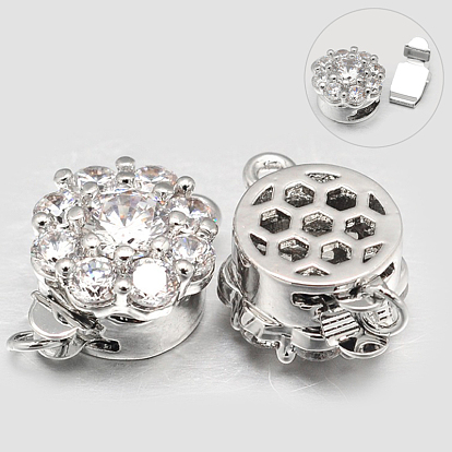 Eco-Friendly Vacuum Plating & Long-Lasting Plated Brass Micro Pave Cubic Zirconia Box Clasps, Flower, Cadmium Free & Nickel Free & Lead Free, 15x11x7mm, Hole: 1.5mm
