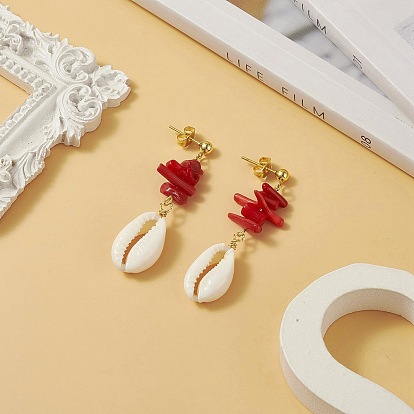 Dyed Chips Synthetic Coral Stud Earrings, Natural Cowrie Shell Dangle Earring for Women