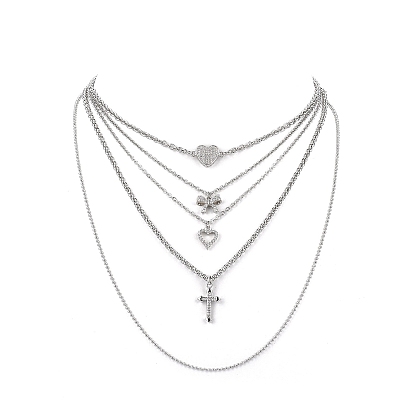 5Pcs 5 Style Heart & Bowknot & Cross Clear Cubic Zirconia Pendant Necklaces Set, 304 Stainless Steel Cable & Ball Chains Stackable Necklaces for Women