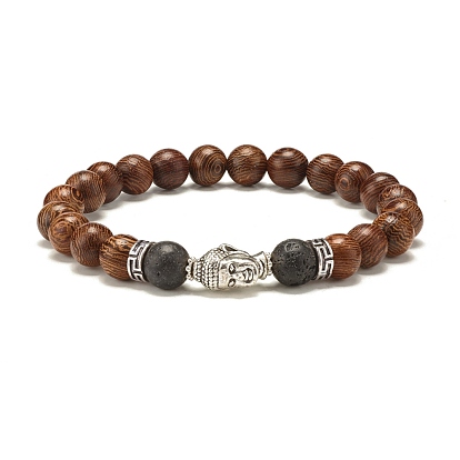 2Pcs 2 Style Natural Obsidian & Lava Rock & Wenge Wood Stretch Bracelets Set with Lotus Charm and Buddha Head, Oil Diffuser Power Jewelry for Men Women
