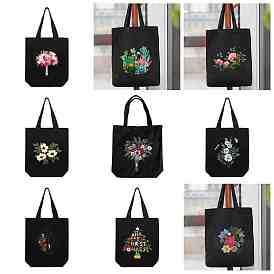 DIY Flower/Christmas Theme Pattern Black Canvas Tote Bag Embroidery Kit, including Embroidery Needles & Thread, Cotton Fabric, Plastic Embroidery Hoop