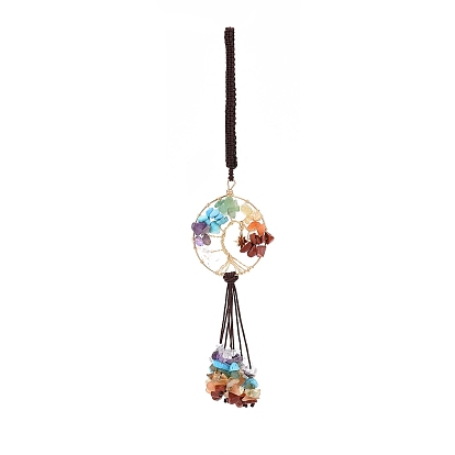 Wire Wrapped Chips Natural Gemstone Big Pendant Decorations, with Red Copper Plated Brass Wires and Nylon Cord, Flat Round with Tree of Life & Moon with Star