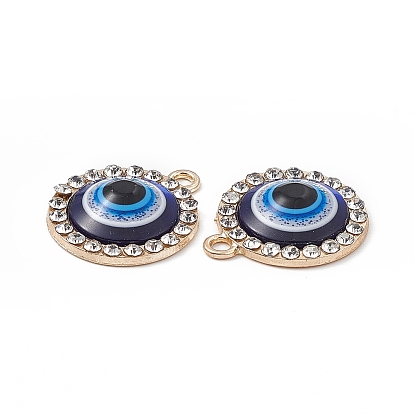 Alloy Crystal Rhinestone Pendants, with Resin Evil Eye, Flat Round Charms