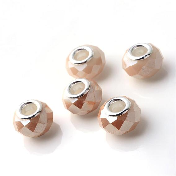 Verre electroplated perles européennes, Perles avec un grand trou   , avec des noyaux de cuivre, couleur argent plaqué, jade d'imitation, facettes rondelle
