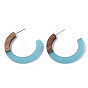 Resin & Walnut Wood Stud Earring Findings, Half Hoop Earrings, Imitation Gemstone, with 304 Stainless Steel Pin