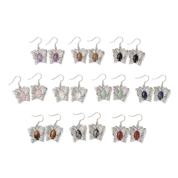 Boucles d'oreilles pendantes papillon en pierres précieuses mélangées naturelles pour femmes, bijoux en laiton platine pour femme, sans cadmium et sans plomb