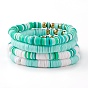 4Pcs 4 Styles Polymer Clay Heishi Beads Stretch Bracelets Sets, Stackable Bracelets, with Brass Round Beads, 304 Stainless Steel Pendants, Letter K & M, Golden