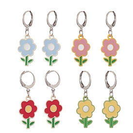 4 Pair 4 Color Alloy Enamel Flower Dangle Leverback Earrings, 304 Stainless Steel Jewelry for Women
