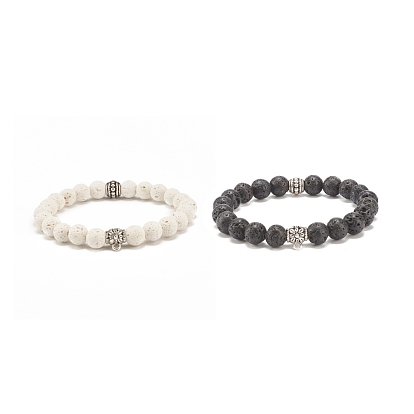2 pcs 2 bracelets extensibles en perles rondes de pierre de lave naturelle de couleur sertis de fleur en alliage, bijoux de pierres précieuses d'huile essentielle pour les femmes