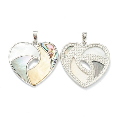 Natural Shell Pendants, with Platinum Plated Brass Findings, Heart