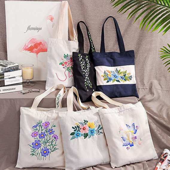 Bolsa de lona con diseño de mariposa/flor diy kits de bordado d, incluyendo tela de algodón impresa, hilo y agujas para bordar