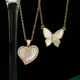 18K Gold Plated Zirconia Shell Heart Butterfly Pendant Necklace for Women
