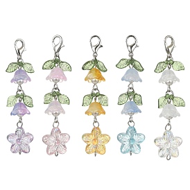 Transparent Acrylic & Glass Flower Pendant Decoration, with Zinc Alloy Lobster Claw Clasps