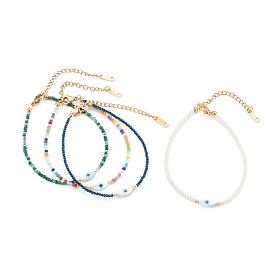Imitation Jade Glass Beaded Bracelets, with Evil Eye Natural White Shell Beads, Golden