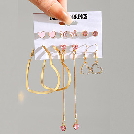 Vintage Heart Star Chain Earrings Set - Creative, Minimalist, Pink Diamond Butterfly.