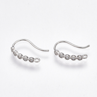 Brass Earring Hooks, with Cubic Zirconia and Horizontal Loop, Nickel Free, Real Platinum Plated
