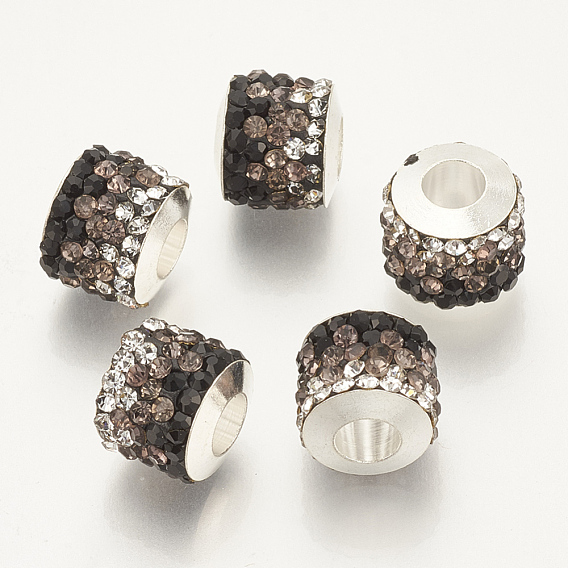 Argile polymère strass perles européennes, Perles avec un grand trou   , avec des noyaux uniques en laiton de tonalité de platine, colonne