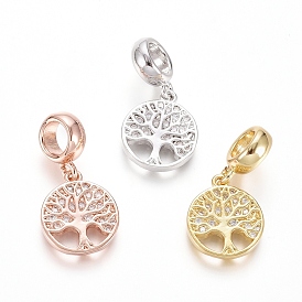 Brass Micro Pave Clear Cubic Zirconia European Dangle Charms, Large Hole Pendants, Flat Round with Tree of Life