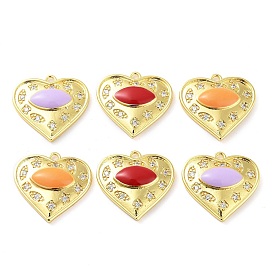 Brass Micro Pave Clear Cubic Zirconia Pendants, with Enamel, Real 18K Gold Plated, Heart with Horse Eye Charms