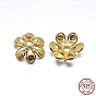 Real 18K Gold Plated 6-Petal 925 Sterling Silver Bead Caps, Flower, 12x5mm, Hole: 2mm, about 24pcs/20g