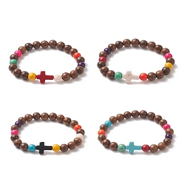 Dyed Synthetic Turquoise Cross & Wood Round Beaded Stretch Bracelet for Women