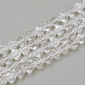 Natural Quartz Crystal Beads Strands, Rock Crystal Beads, Star Cut Round Beads, Faceted