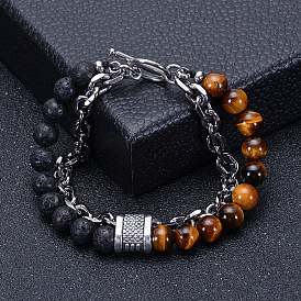 Natural Tiger Eye Stone Beaded Bracelet - Stainless Steel, Natural Stone Metal Chain Bracelet.