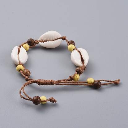 Adjustable Waxed Cotton Cord Braided Bead Bracelet, with Synthetic Turquoise(Dyed) Beads, Cowrie Shell and Wood Beads