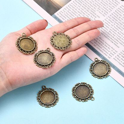 Tibetan Style Flat Round Alloy Pendant Cabochon Settings, Cadmium Free & Lead Free, Tray: 20mm, 34x30x2mm, Hole: 3mm, about 290pcs/1000g