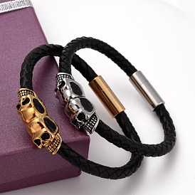 Bracelets de cordon en cuir rétro, avec 304 accessoires de crâne en acier inoxydable et les fermoirs magnétiques, 210mm
