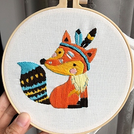 DIY Bohemian Style Fox Painting Embroidery Beginner Kits, Including Printed Cotton Fabric, Embroidery Thread & Needles, Round Embroidery Hoop