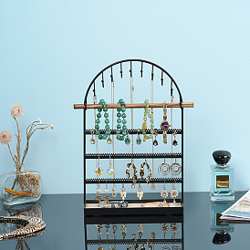 Arch Shaped Iron Jewelry Storage Rack with Wood Mat, Jewelry Organizer Holder Jewelry Tower with Tray, for Bracelet, Necklace, Earrings, Cosmetics Storage