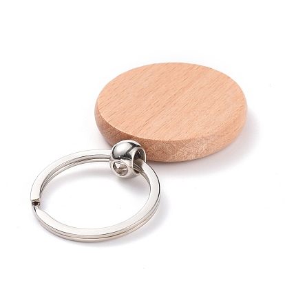 Natural Wood Keychain, with Platinum Plated Iron Split Key Rings, Flat Round
