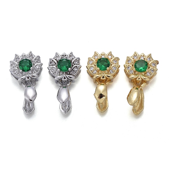 Brass Micro Pave Cubic Zirconia Ice Pick Pinch Bails, Long-Lasting Plated, Lotus, Green & Clear