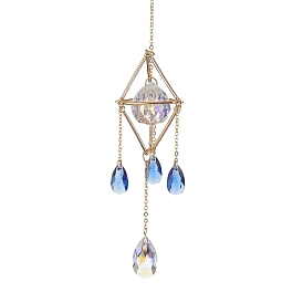 Brass Rhombus Pouch Hanging Ornaments, Teardrop Glass Tassel Suncatchers for Home Outdoor Decoration