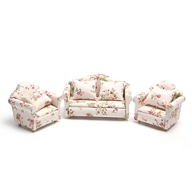 Mini Wood Sofa, with Flower Pattern Cotton Cloth Cover & Pillow, Dollhouse Furniture Accessories, for Miniature Living Room